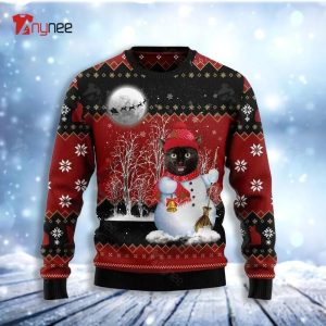 Black Cat Snowman Ugly Christmas Sweater - Anynee