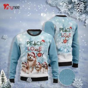 Peace Love Joy Akita Puppy Santa Hat Christmas Ugly Sweater