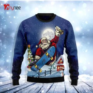 Santa Claus Playing Skateboard Ugly Christmas Sweater