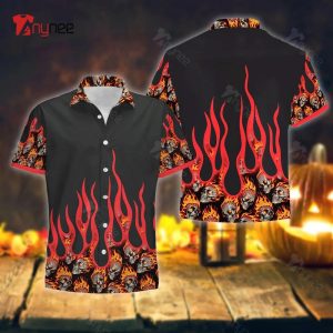 Punk Rock Skull Electric Guitar Hawaiian Shirt With Blue Flame